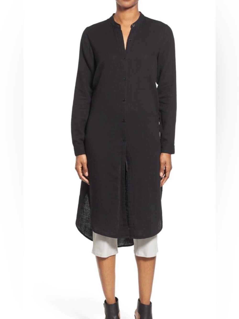 Eileen Fisher 100% black silk button down shirt dress